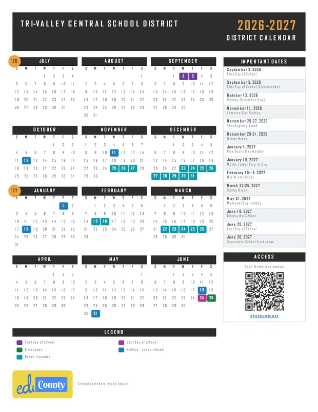 Tri-Valley Central School District printable 2026-27 calendar