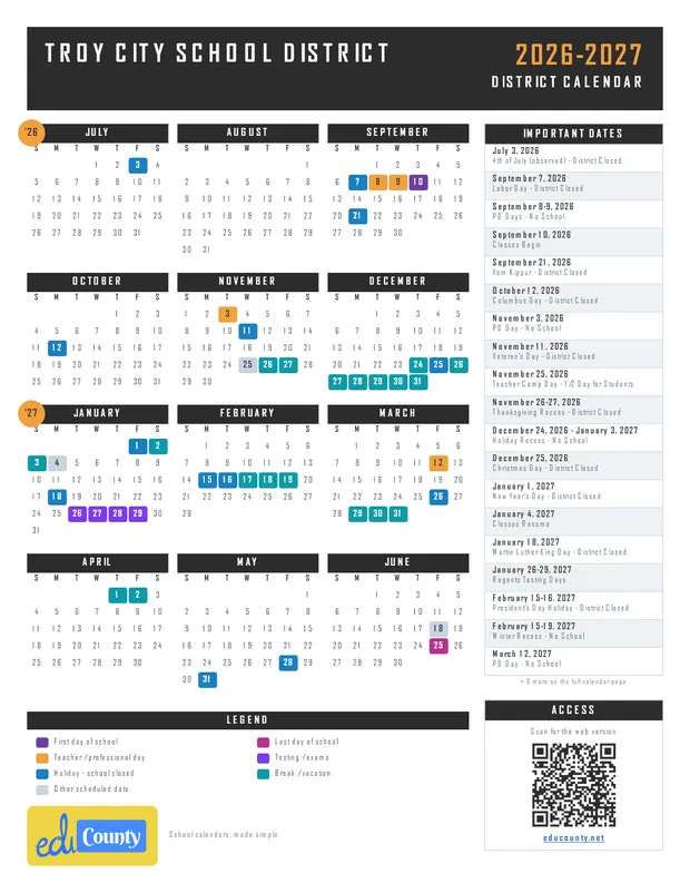 Troy City School District printable 2026-27 calendar