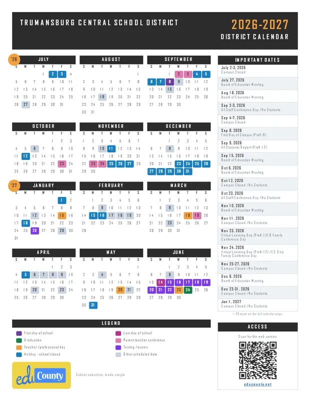Trumansburg Central School District printable 2026-27 calendar