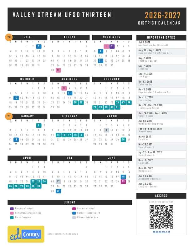 Valley Stream UFSD Thirteen printable 2026-27 calendar