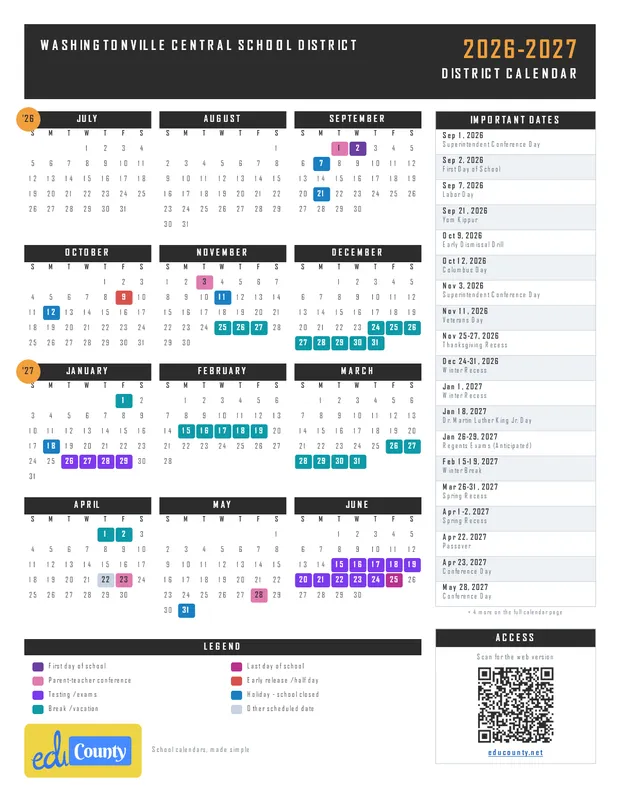 Washingtonville Central School District printable 2026-27 calendar