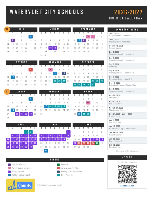 Watervliet City Schools printable 2026-27 calendar