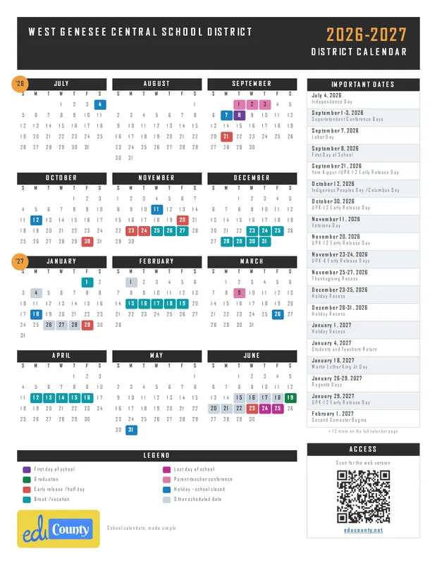 West Genesee Central School District printable 2026-27 calendar