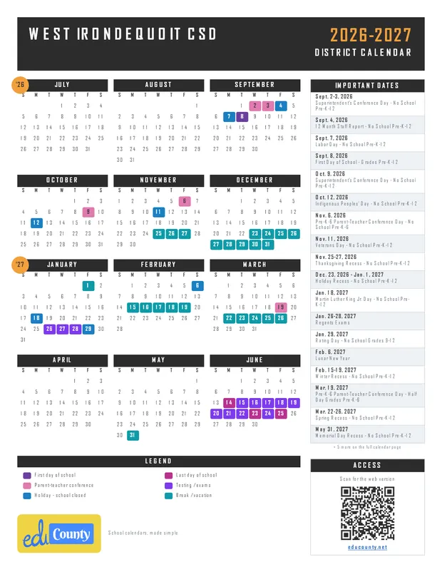 West Irondequoit CSD printable 2026-27 calendar