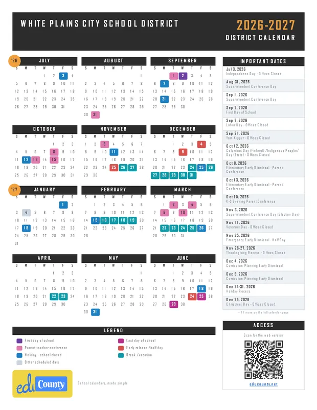 White Plains City School District printable 2026-27 calendar