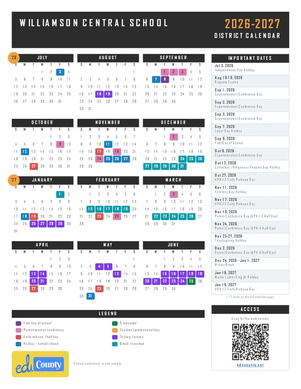 Williamson Central School printable 2026-27 calendar