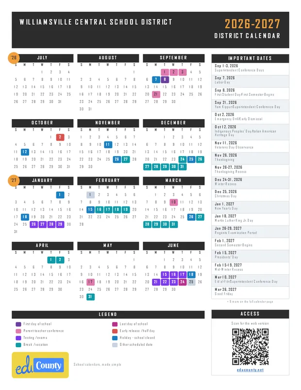 Williamsville Central School District printable 2026-27 calendar