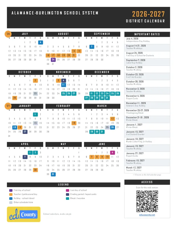 Alamance-Burlington School System printable 2026-27 calendar