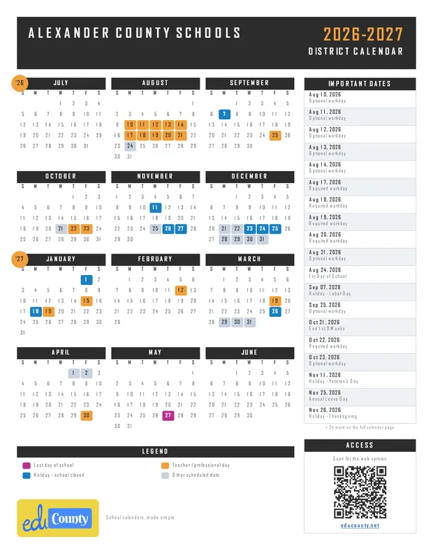 Alexander County Schools printable 2026-27 calendar