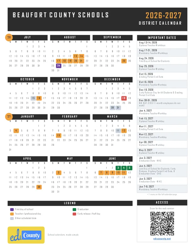 Beaufort County Schools printable 2026-27 calendar