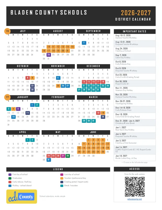 Bladen County Schools printable 2026-27 calendar