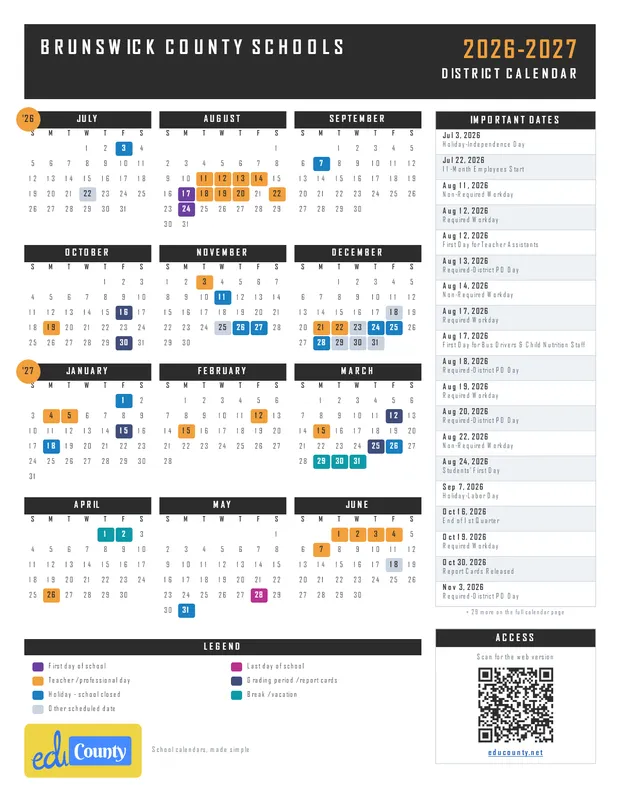 Brunswick County Schools printable 2026-27 calendar