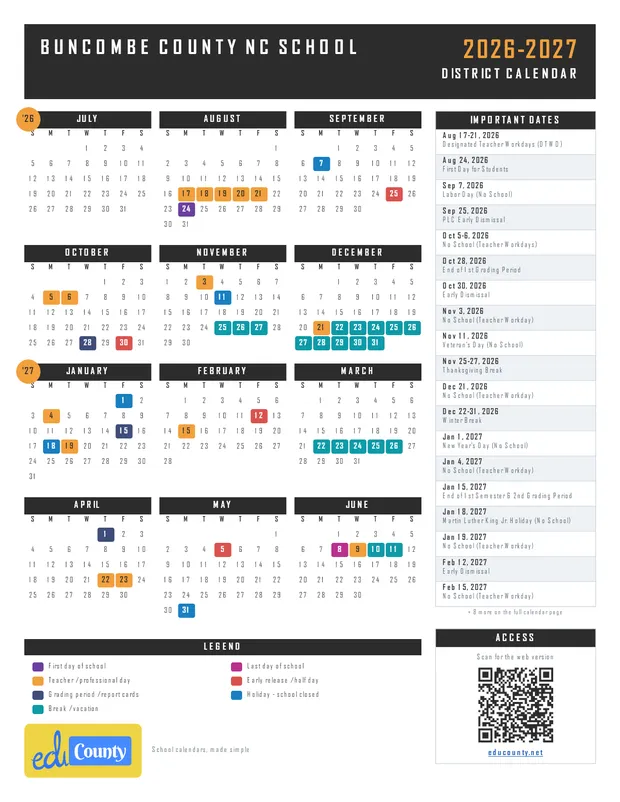 Buncombe county NC School printable 2026-27 calendar