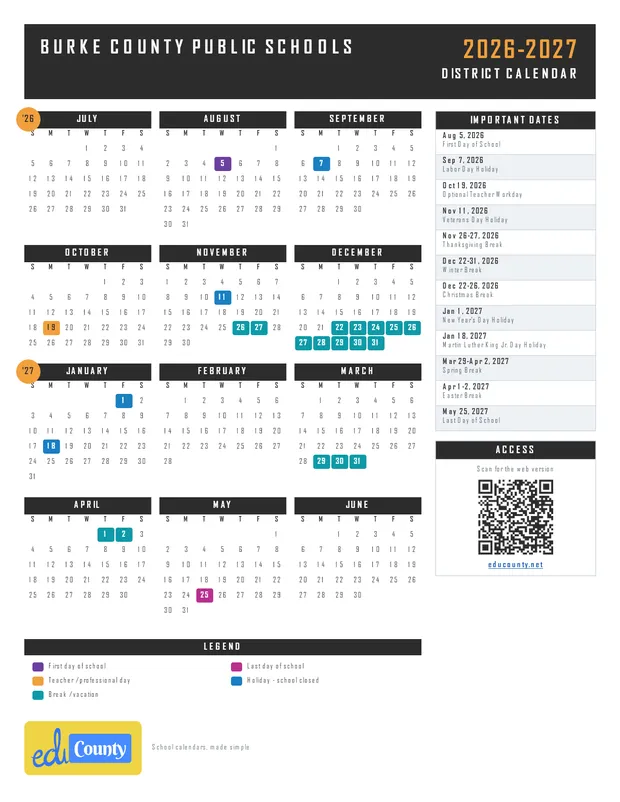 Burke County Public Schools printable 2026-27 calendar