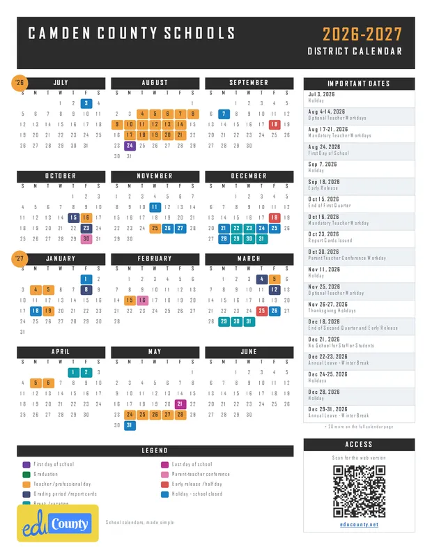 Camden County Schools printable 2026-27 calendar