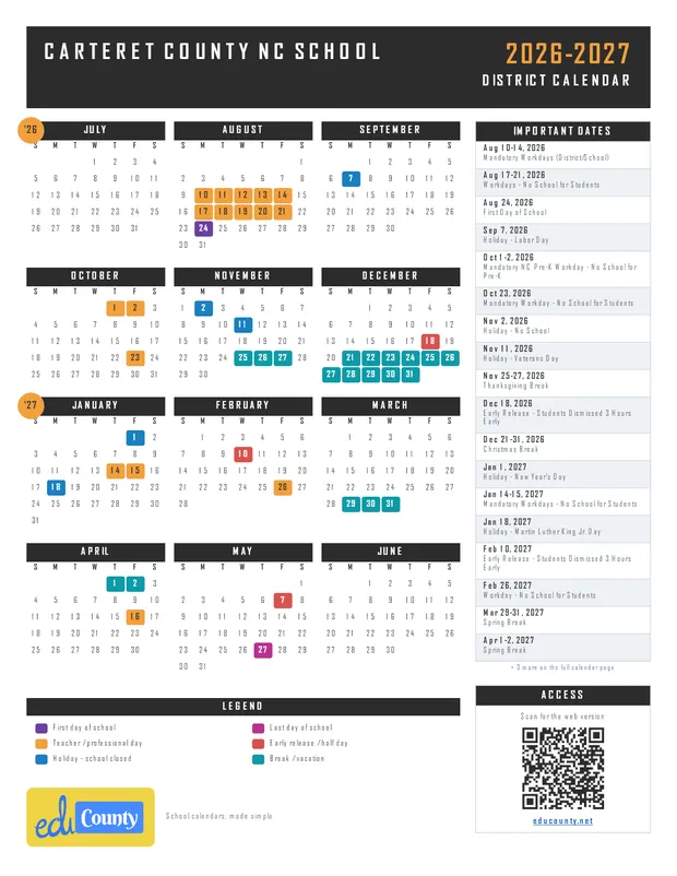 Carteret county NC School printable 2026-27 calendar