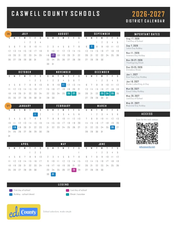 Caswell County Schools printable 2026-27 calendar