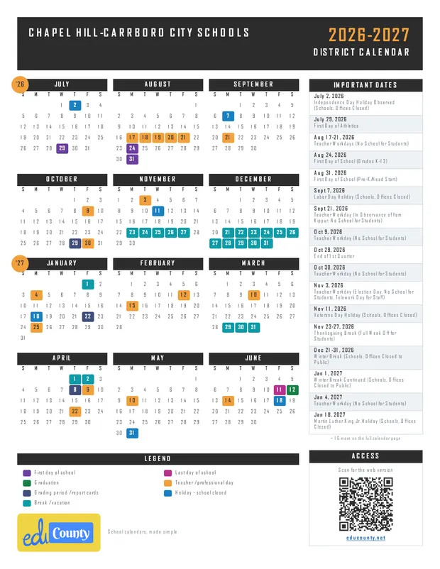 Chapel Hill-Carrboro City Schools printable 2026-27 calendar