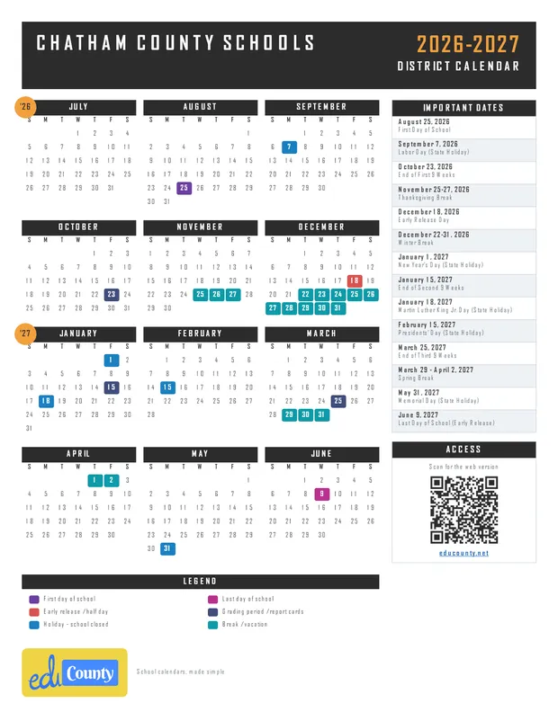 Chatham County Schools printable 2026-27 calendar