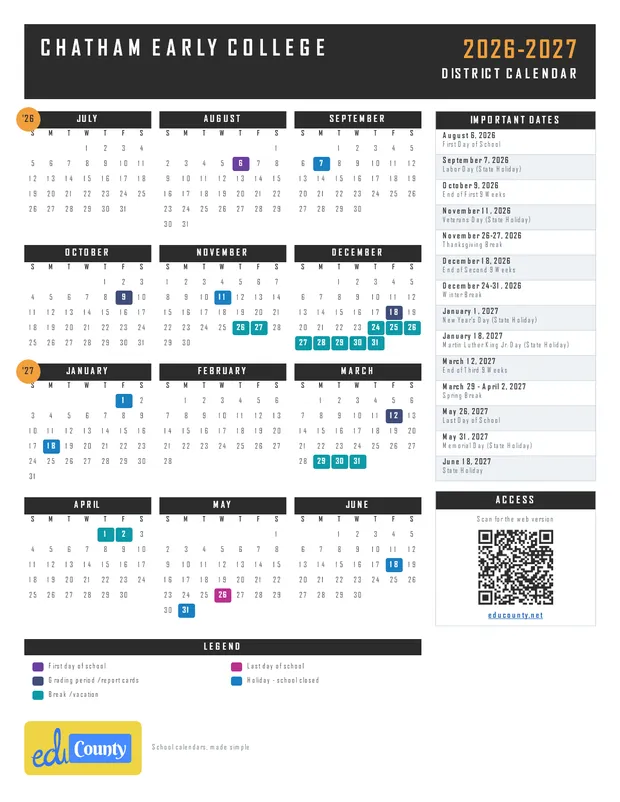 Chatham Early College CEC printable 2026-27 calendar