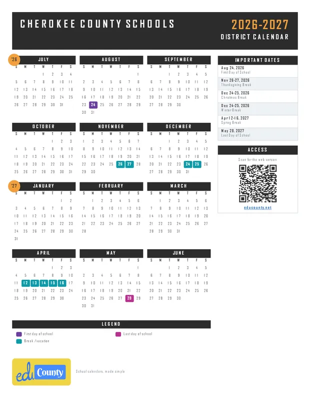 Cherokee County Schools printable 2026-27 calendar