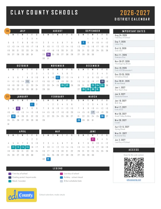 Clay County Schools printable 2026-27 calendar