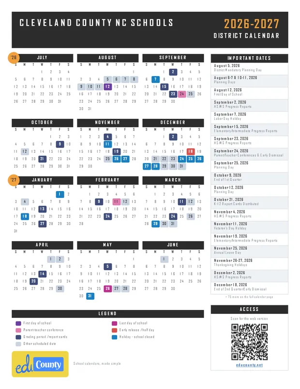 Cleveland County nc Schools printable 2026-27 calendar