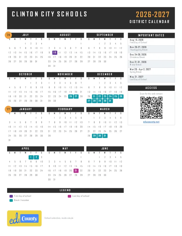 Clinton City Schools printable 2026-27 calendar
