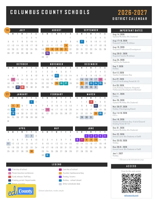 Columbus County Schools printable 2026-27 calendar