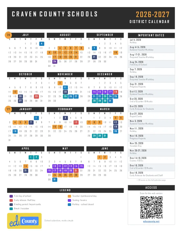 Craven County Schools printable 2026-27 calendar