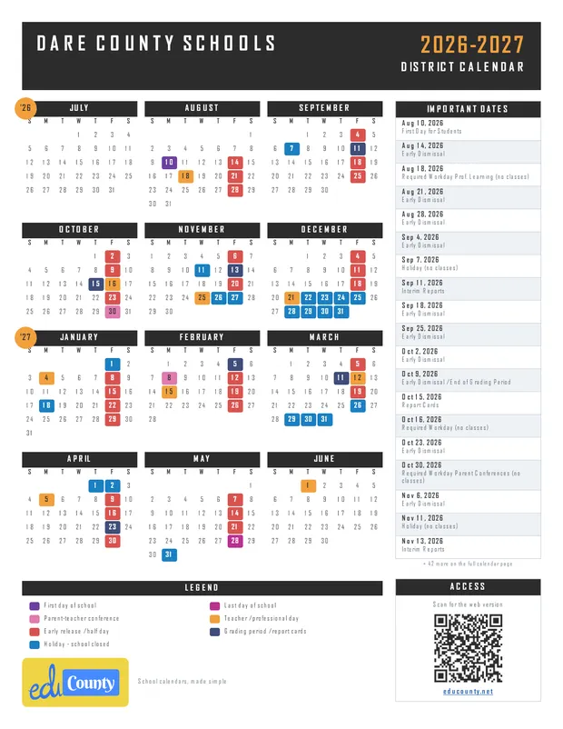Dare County Schools printable 2026-27 calendar