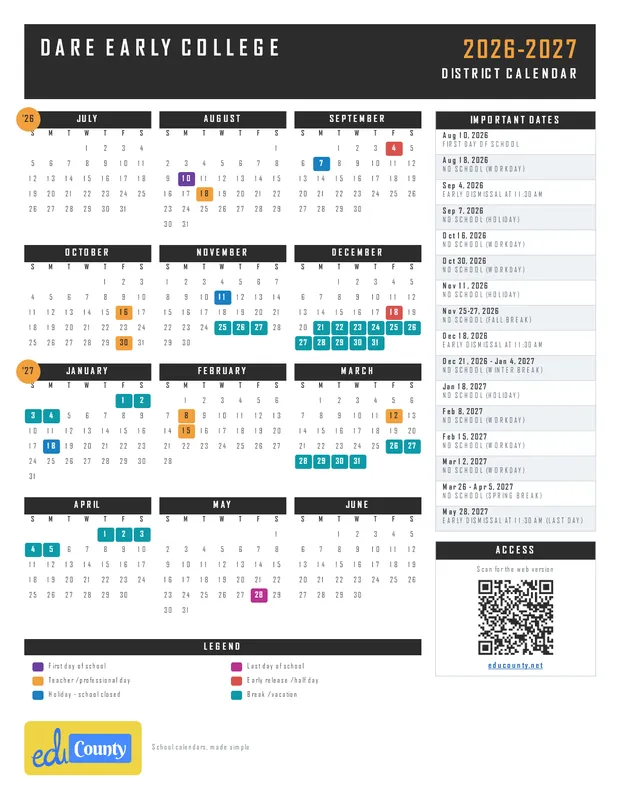 DARE EARLY COLLEGE printable 2026-27 calendar