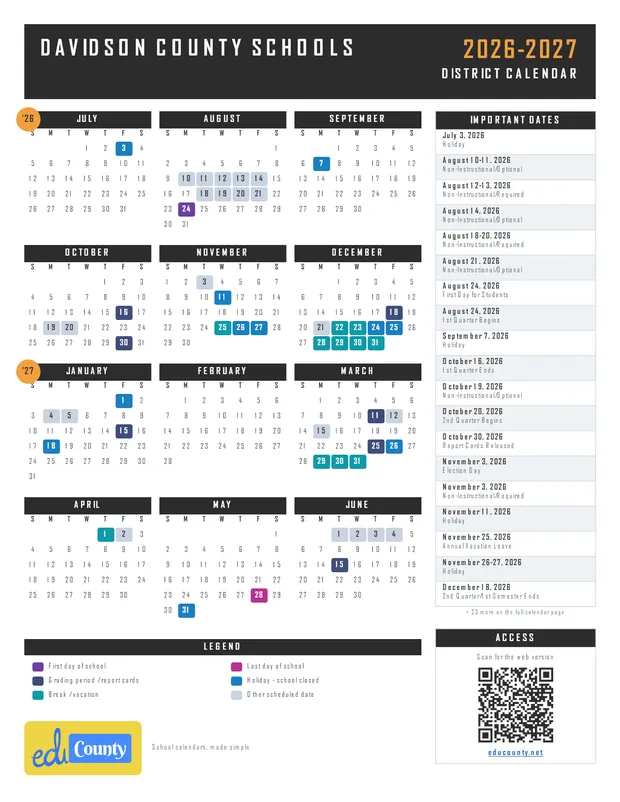 Davidson County Schools printable 2026-27 calendar