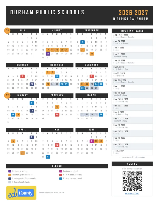 Durham Public Schools printable 2026-27 calendar