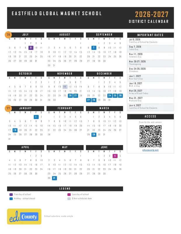 Eastfield Global Magnet School printable 2026-27 calendar