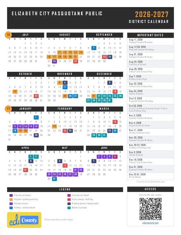 ELIZABETH CITY PASQUOTANK PUBLIC printable 2026-27 calendar