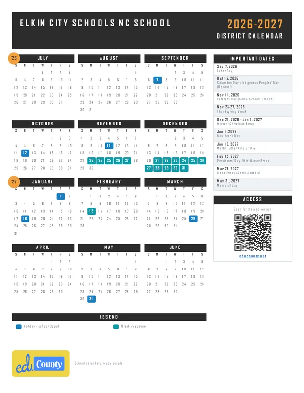 Elkin city schools NC School printable 2026-27 calendar