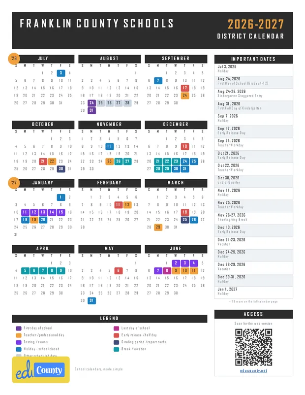 Franklin County Schools printable 2026-27 calendar
