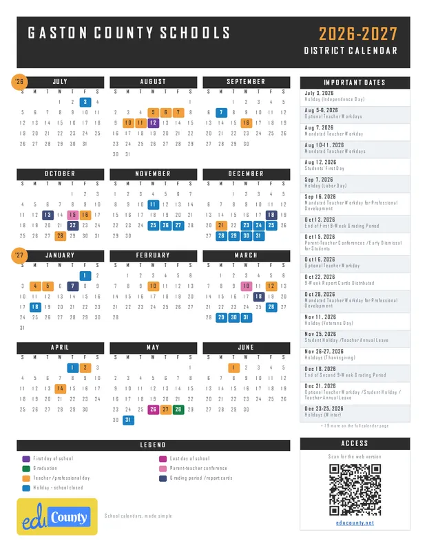 Gaston County Schools printable 2026-27 calendar