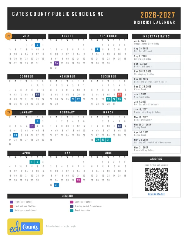 Gates County Public Schools printable 2026-27 calendar