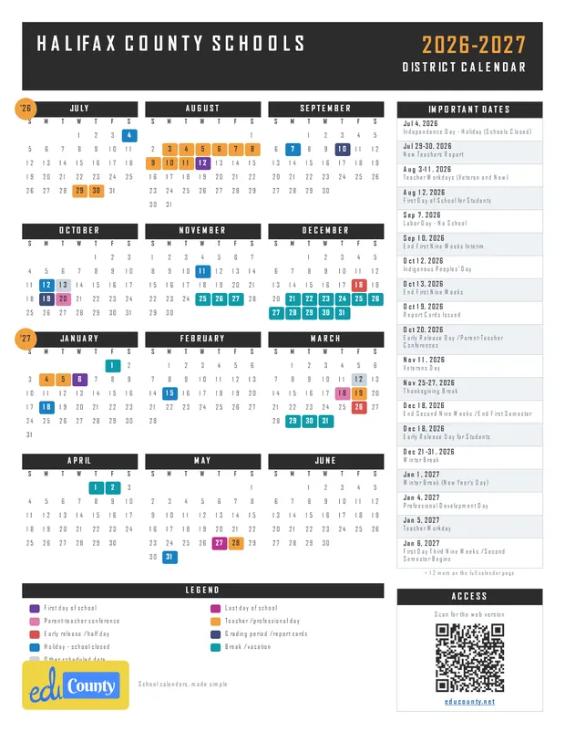 Halifax County Schools printable 2026-27 calendar