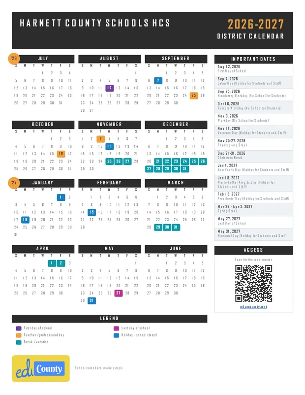 HARNETT COUNTY SCHOOLS hcs printable 2026-27 calendar