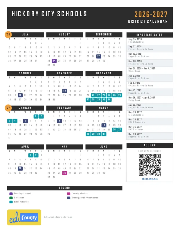 Hickory City Schools printable 2026-27 calendar