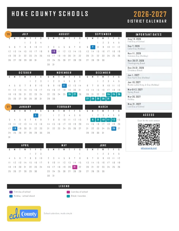 Hoke County Schools printable 2026-27 calendar