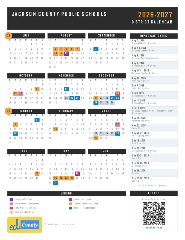 Jackson County Public Schools printable 2026-27 calendar