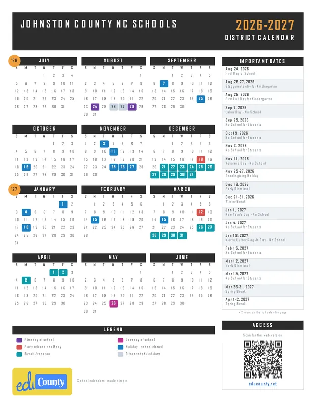 Johnston County nc Schools printable 2026-27 calendar