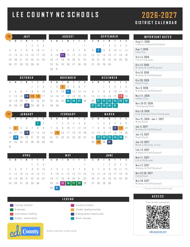 Lee County NC Schools printable 2026-27 calendar