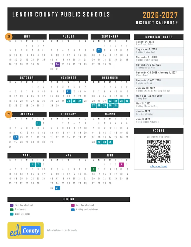 Lenoir County Public Schools printable 2026-27 calendar