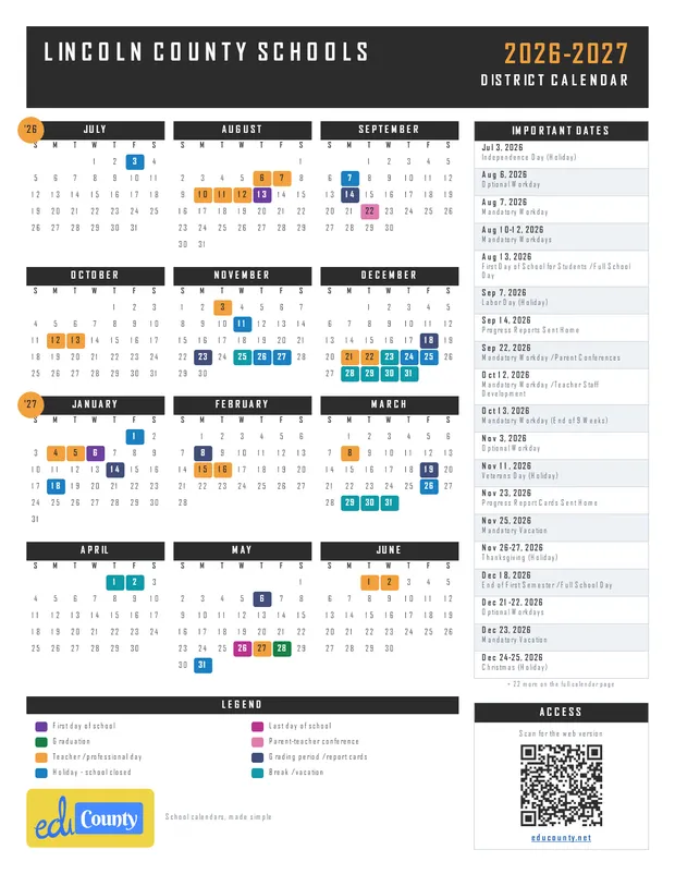 Lincoln County Schools printable 2026-27 calendar