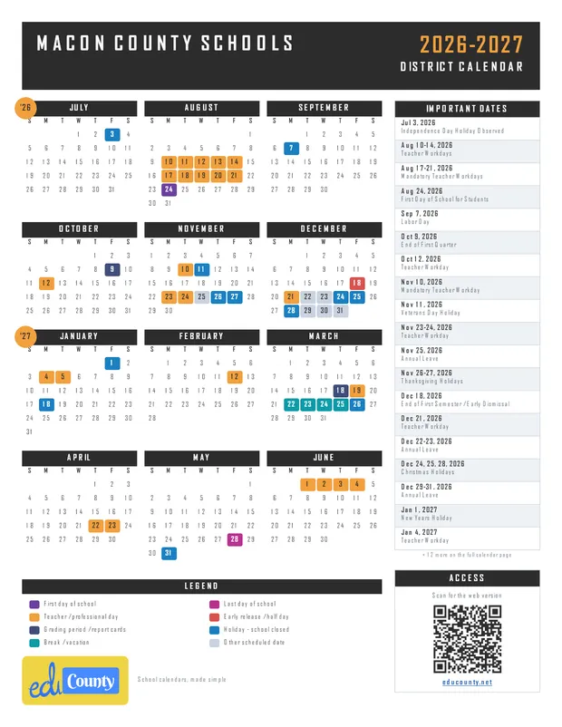 Macon County Schools printable 2026-27 calendar